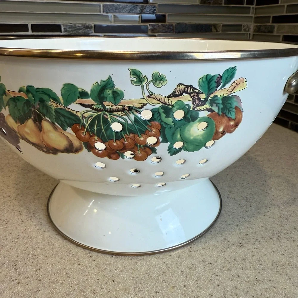 Vintage Enamel Fruit Colander White‎ Pedestal Strainer Brass Handles Cottagecore